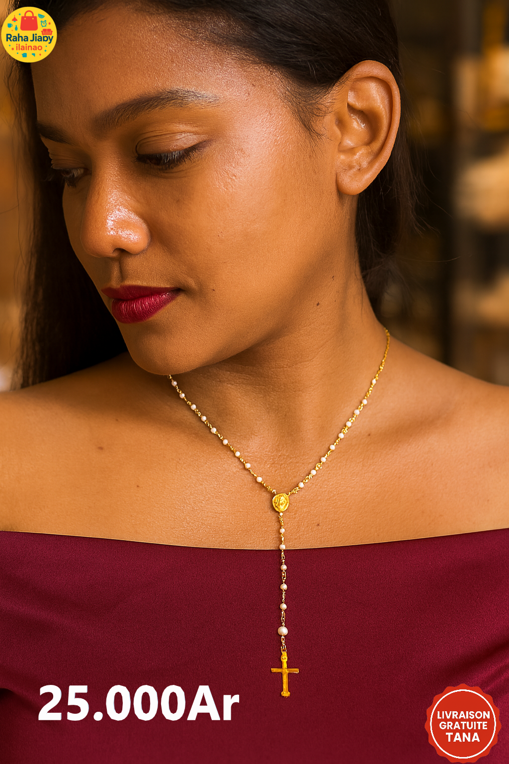 &nbsp;Chapelet Doré – Perles Blanches &amp; Croix Émaillée